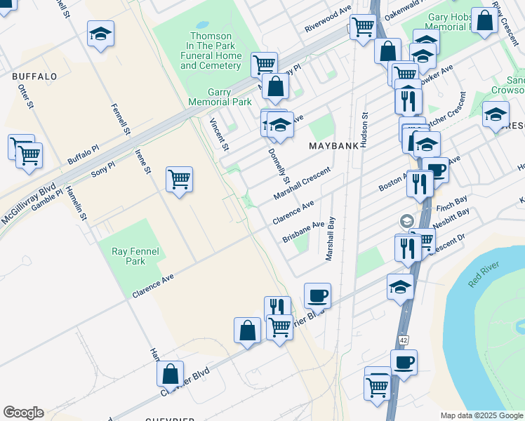 map of restaurants, bars, coffee shops, grocery stores, and more near 160 Marshall Crescent in Winnipeg