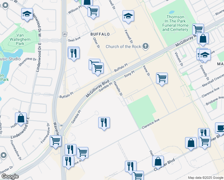 map of restaurants, bars, coffee shops, grocery stores, and more near 1330 Hamelin Street in Winnipeg