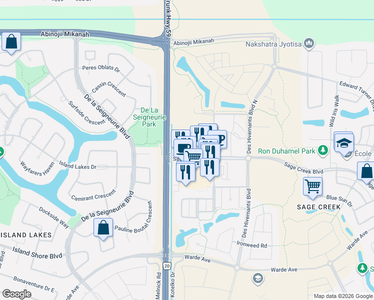 map of restaurants, bars, coffee shops, grocery stores, and more near 27 Sage Creek Boulevard in Winnipeg