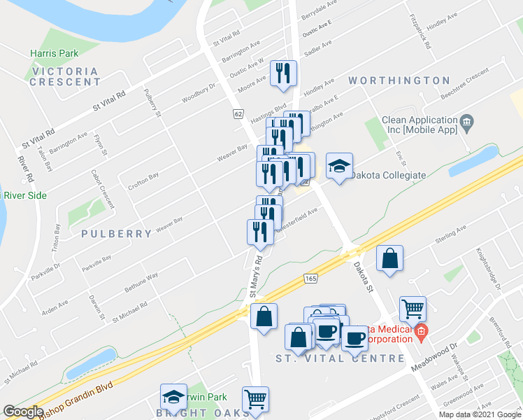 map of restaurants, bars, coffee shops, grocery stores, and more near 1106 Saint Mary's Road in Winnipeg