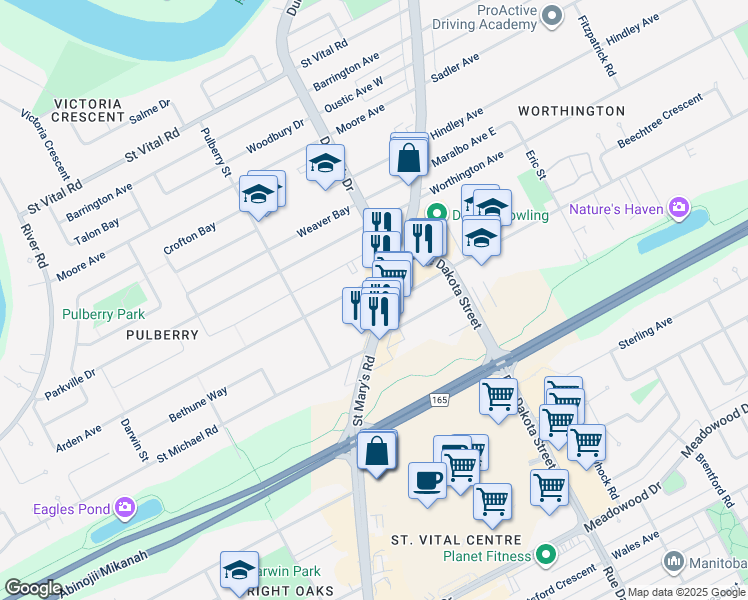 map of restaurants, bars, coffee shops, grocery stores, and more near 1106 Saint Mary's Road in Winnipeg