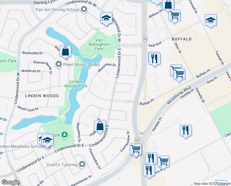 map of restaurants, bars, coffee shops, grocery stores, and more near 102 Lindenwood Drive East in Winnipeg
