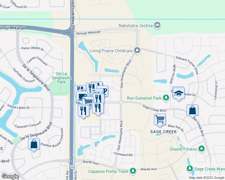 map of restaurants, bars, coffee shops, grocery stores, and more near 40 Des Hivernants Boulevard in Winnipeg