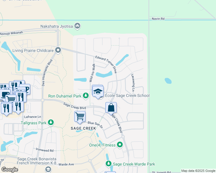 map of restaurants, bars, coffee shops, grocery stores, and more near Water Lily Lane in Winnipeg