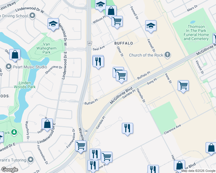 map of restaurants, bars, coffee shops, grocery stores, and more near 1595 Buffalo Place in Winnipeg