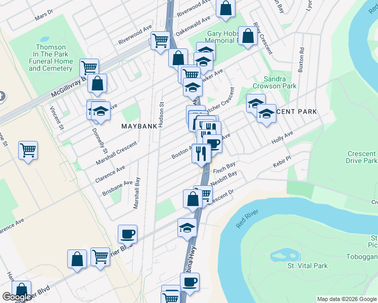 map of restaurants, bars, coffee shops, grocery stores, and more near 1012 Boston Avenue in Winnipeg