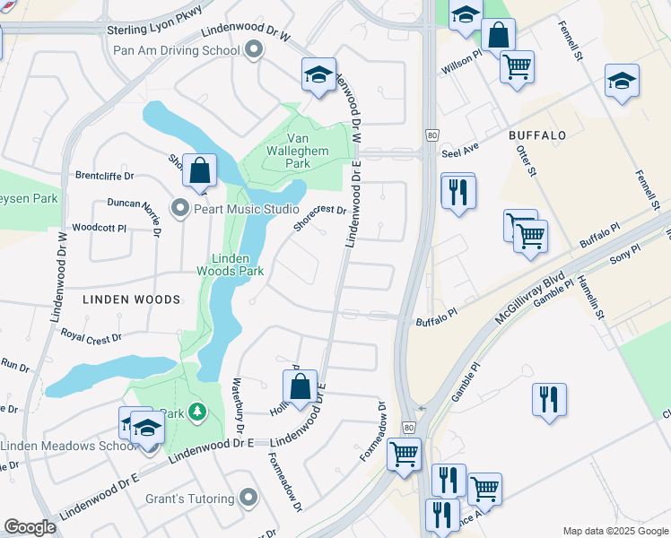 map of restaurants, bars, coffee shops, grocery stores, and more near 102 Lindenwood Drive East in Winnipeg
