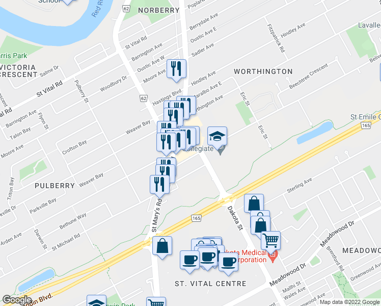 map of restaurants, bars, coffee shops, grocery stores, and more near 620 Dakota Street in Winnipeg