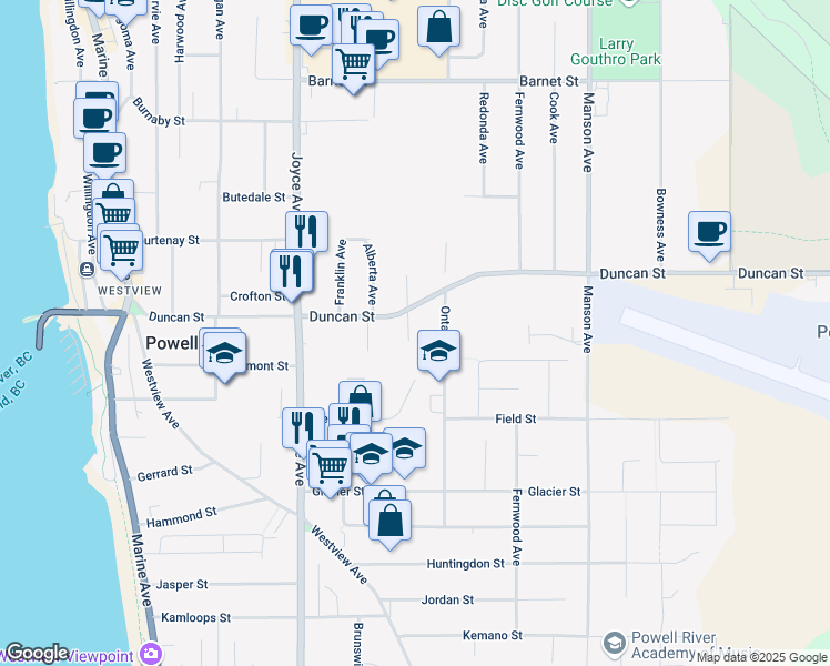 map of restaurants, bars, coffee shops, grocery stores, and more near 4420 Quebec Avenue in Powell River