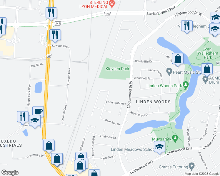 map of restaurants, bars, coffee shops, grocery stores, and more near 138-274 Deer Run Drive in Winnipeg