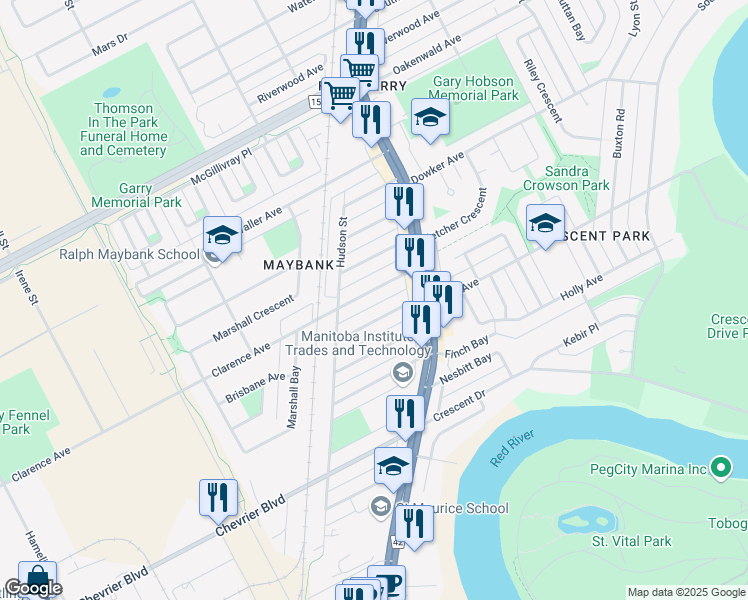map of restaurants, bars, coffee shops, grocery stores, and more near in Winnipeg