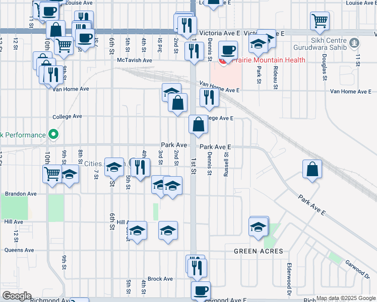 map of restaurants, bars, coffee shops, grocery stores, and more near 910 1st Street in Brandon