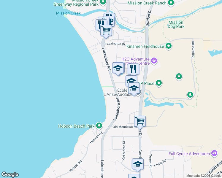 map of restaurants, bars, coffee shops, grocery stores, and more near 4100 Lakeshore Road in Kelowna
