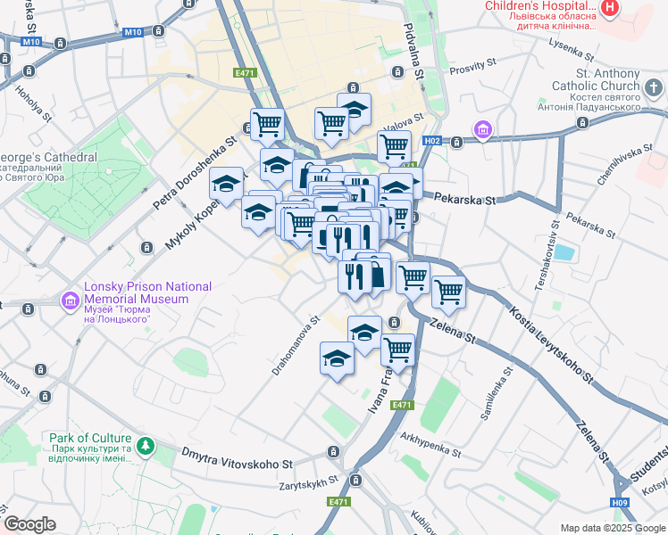 map of restaurants, bars, coffee shops, grocery stores, and more near 6 Avhustyna Voloshyna street in Lviv