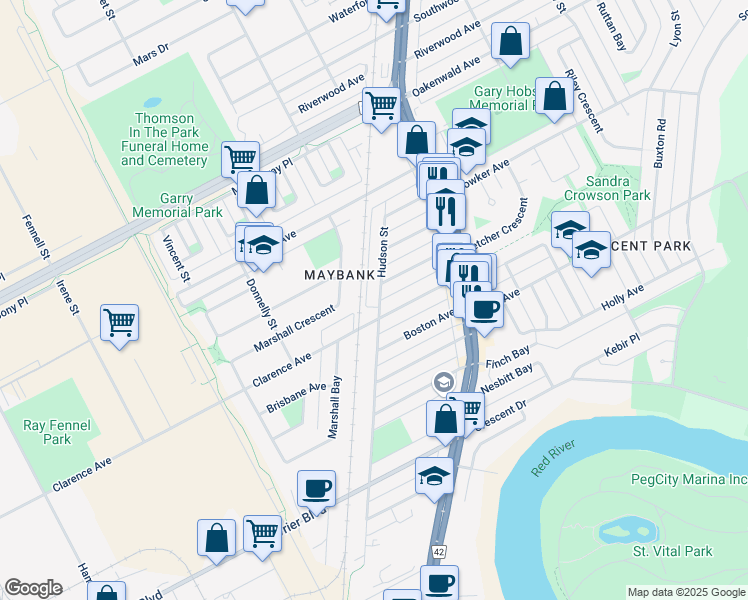 map of restaurants, bars, coffee shops, grocery stores, and more near 343 Hudson Street in Winnipeg