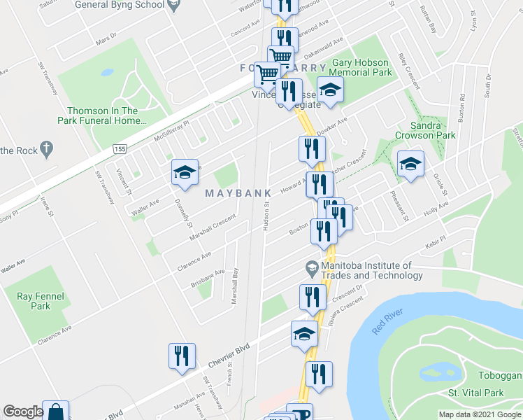 map of restaurants, bars, coffee shops, grocery stores, and more near 341 Hudson Street in Winnipeg