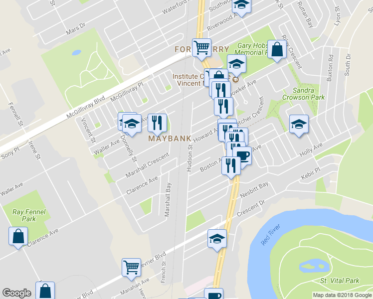 map of restaurants, bars, coffee shops, grocery stores, and more near 341 Hudson Street in Winnipeg