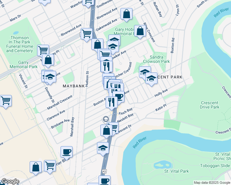 map of restaurants, bars, coffee shops, grocery stores, and more near 1480 Pembina Highway in Winnipeg