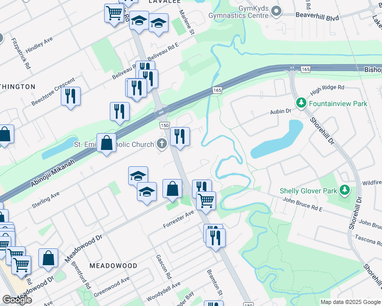 map of restaurants, bars, coffee shops, grocery stores, and more near 565 Saint Anne's Road in Winnipeg
