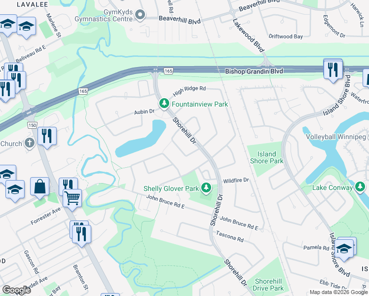 map of restaurants, bars, coffee shops, grocery stores, and more near 53 Beaudry Bay in Winnipeg