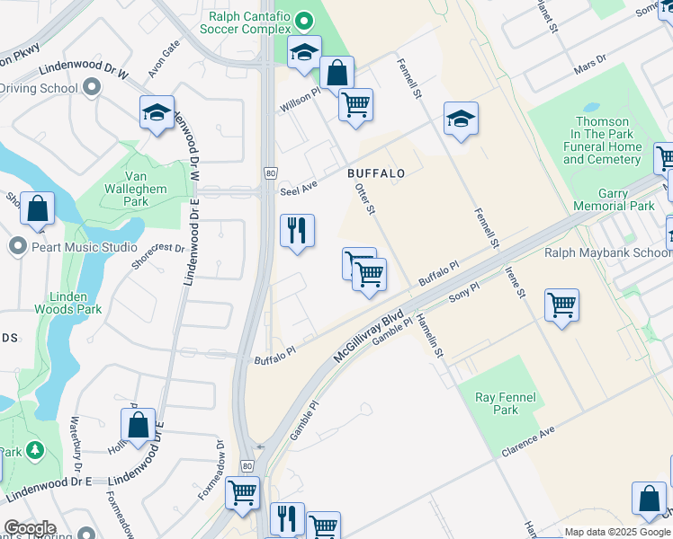 map of restaurants, bars, coffee shops, grocery stores, and more near in Winnipeg