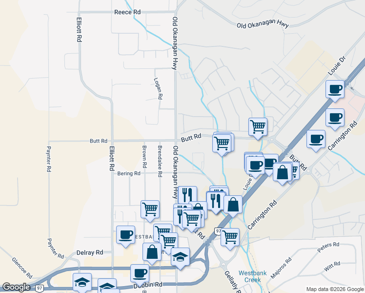 map of restaurants, bars, coffee shops, grocery stores, and more near 3531 Old Okanagan Highway in West Kelowna