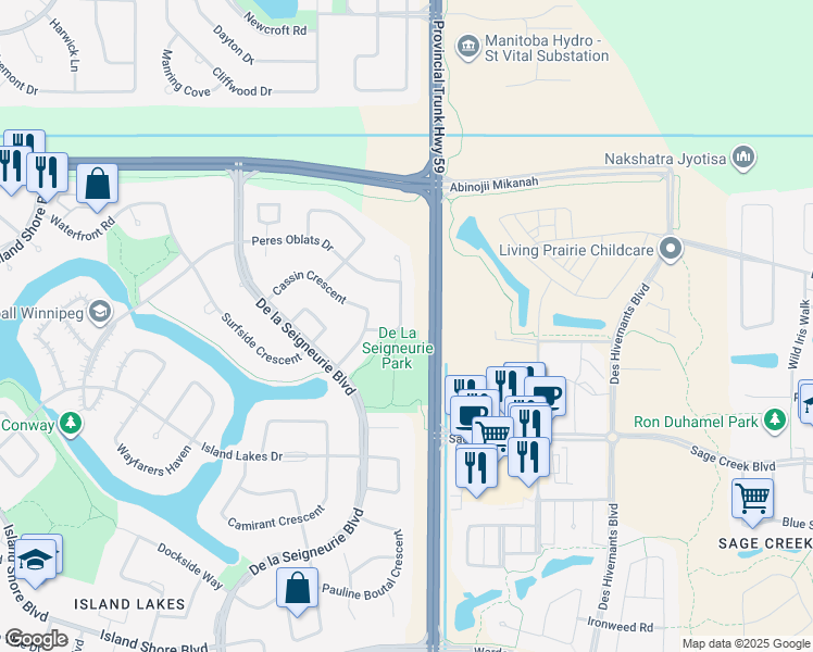 map of restaurants, bars, coffee shops, grocery stores, and more near 34 Smugglers Cove in Winnipeg