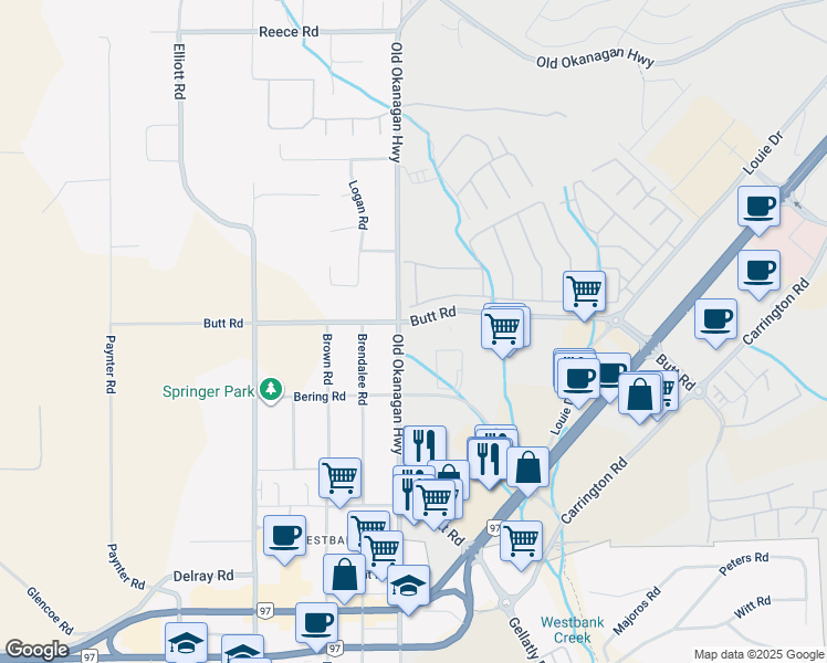 map of restaurants, bars, coffee shops, grocery stores, and more near 3531 Old Okanagan Highway in West Kelowna