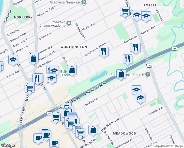 map of restaurants, bars, coffee shops, grocery stores, and more near 200 Beliveau Road in Winnipeg