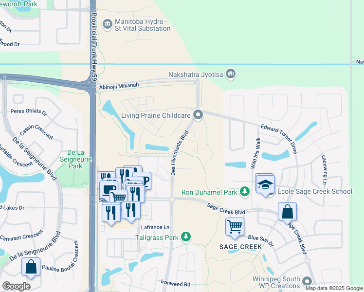 map of restaurants, bars, coffee shops, grocery stores, and more near 21 Des Hivernants Boulevard in Winnipeg