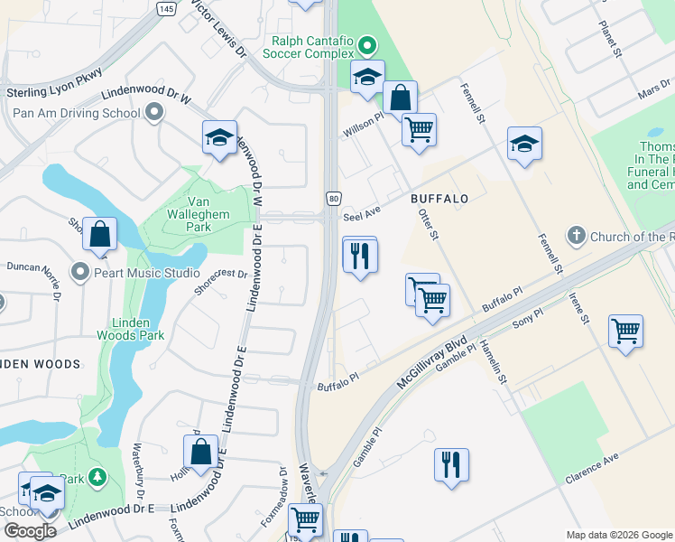 map of restaurants, bars, coffee shops, grocery stores, and more near 1090 Waverley Street in Winnipeg