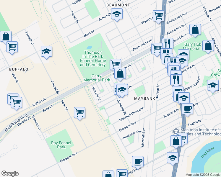 map of restaurants, bars, coffee shops, grocery stores, and more near 66 Biscayne Bay in Winnipeg