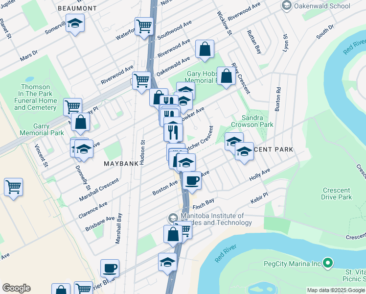 map of restaurants, bars, coffee shops, grocery stores, and more near 1430 Route 42 in Winnipeg