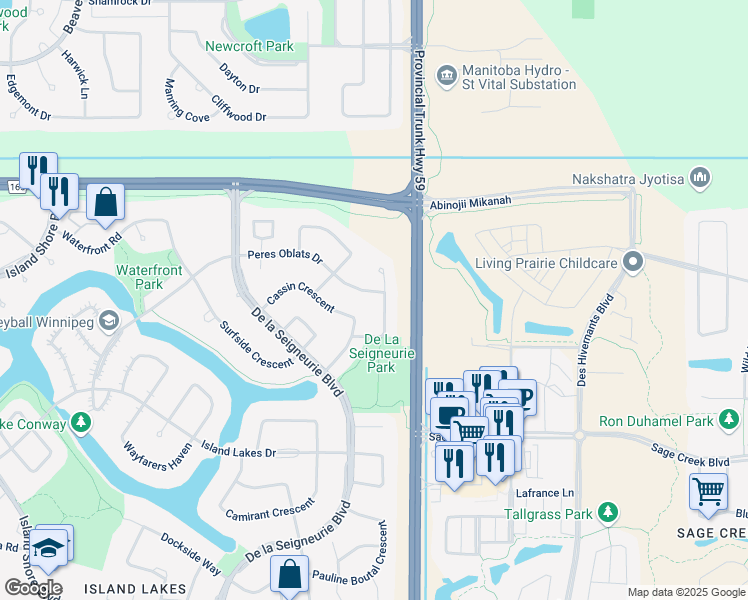 map of restaurants, bars, coffee shops, grocery stores, and more near 132 Peres Oblats Drive in Winnipeg