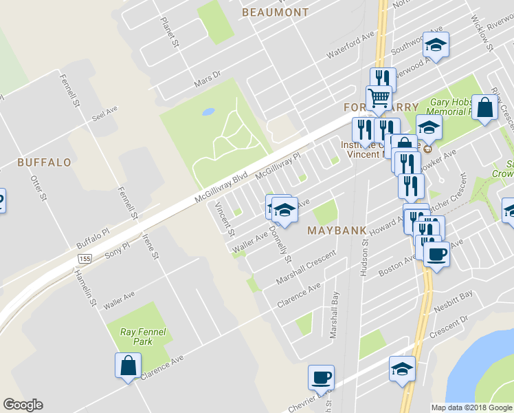 map of restaurants, bars, coffee shops, grocery stores, and more near 66 Biscayne Bay in Winnipeg