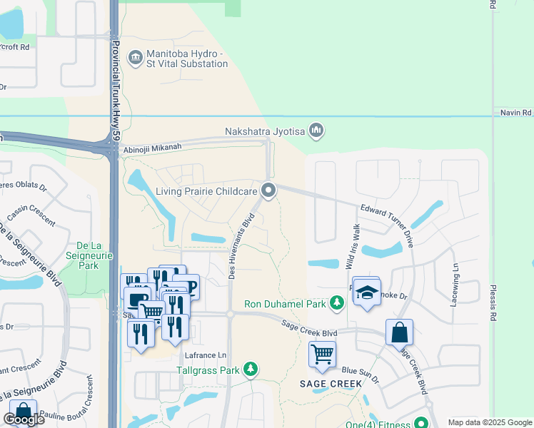 map of restaurants, bars, coffee shops, grocery stores, and more near 185 Des Hivernants Boulevard in Winnipeg