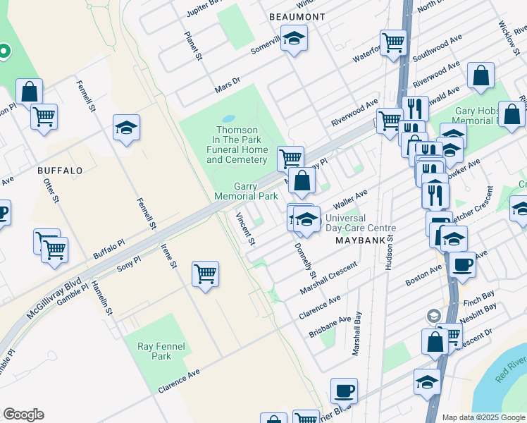 map of restaurants, bars, coffee shops, grocery stores, and more near 18 Dickson Crescent in Winnipeg