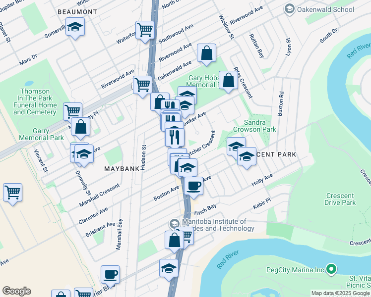map of restaurants, bars, coffee shops, grocery stores, and more near 1430 Route 42 in Winnipeg