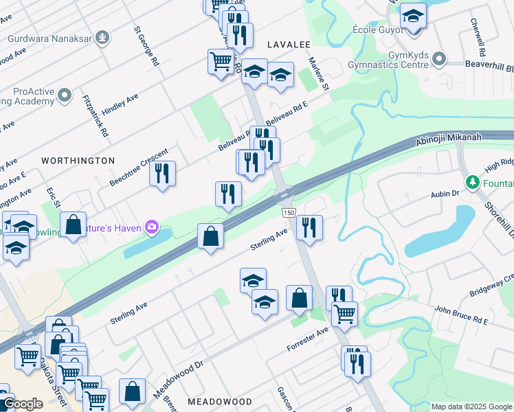 map of restaurants, bars, coffee shops, grocery stores, and more near Bishop Grandin Blvd in Winnipeg