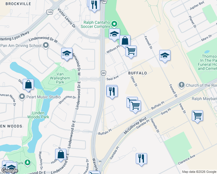 map of restaurants, bars, coffee shops, grocery stores, and more near 101-1090 Waverley Street in Winnipeg