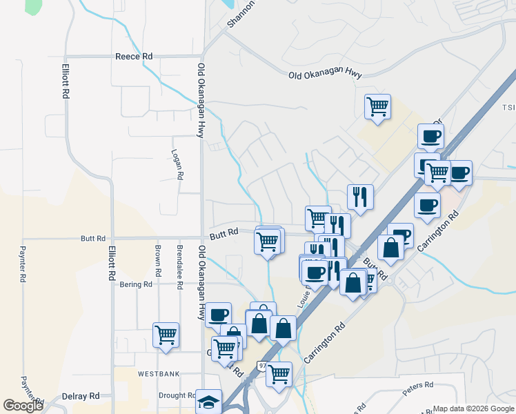 map of restaurants, bars, coffee shops, grocery stores, and more near 2330 Butt Road in Central Okanagan