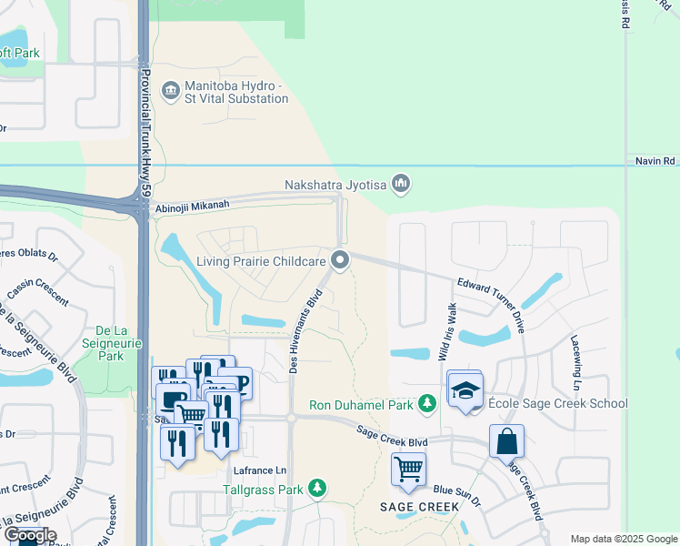 map of restaurants, bars, coffee shops, grocery stores, and more near 215 Des Hivernants Boulevard in Winnipeg