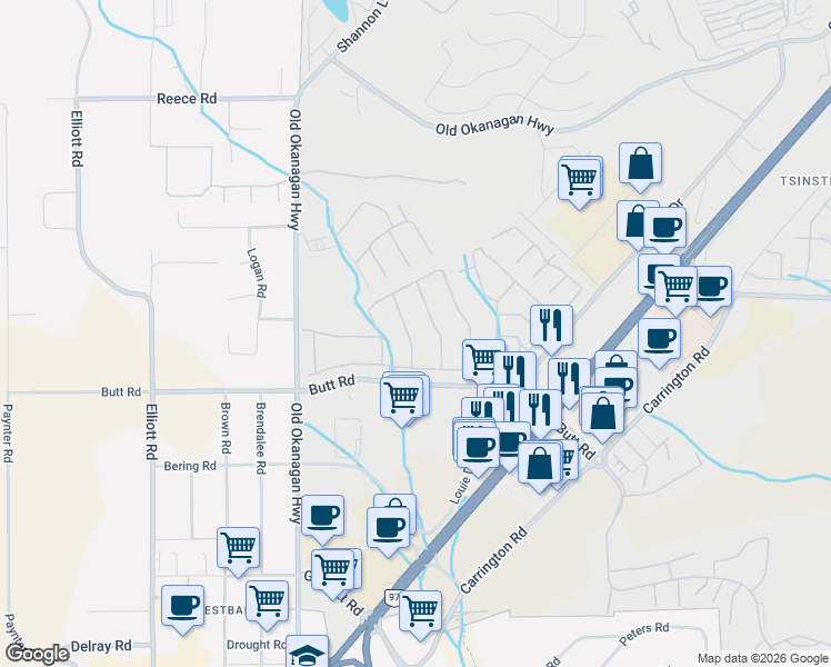 map of restaurants, bars, coffee shops, grocery stores, and more near 2330 Butt Road in Central Okanagan