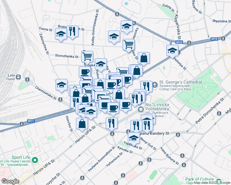 map of restaurants, bars, coffee shops, grocery stores, and more near 107 Horodotska Street in Lviv