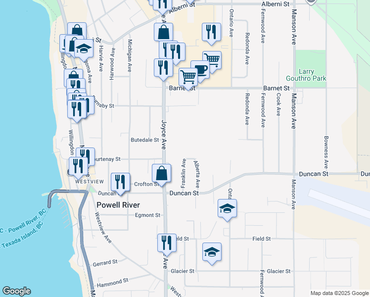 map of restaurants, bars, coffee shops, grocery stores, and more near 4554 Joyce Avenue in Powell River