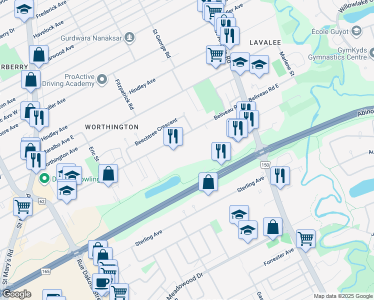 map of restaurants, bars, coffee shops, grocery stores, and more near 290 Beliveau Road in Winnipeg
