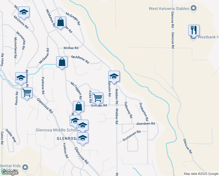 map of restaurants, bars, coffee shops, grocery stores, and more near Malcolm Road in West Kelowna