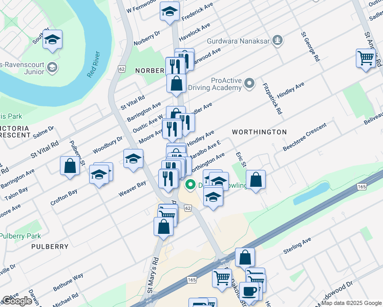 map of restaurants, bars, coffee shops, grocery stores, and more near 15 Maralbo Avenue East in Winnipeg