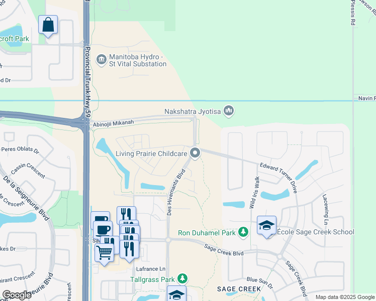map of restaurants, bars, coffee shops, grocery stores, and more near 215 Des Hivernants Boulevard in Winnipeg