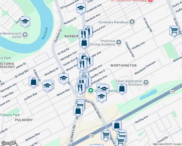 map of restaurants, bars, coffee shops, grocery stores, and more near 10 Hindley Avenue in Winnipeg
